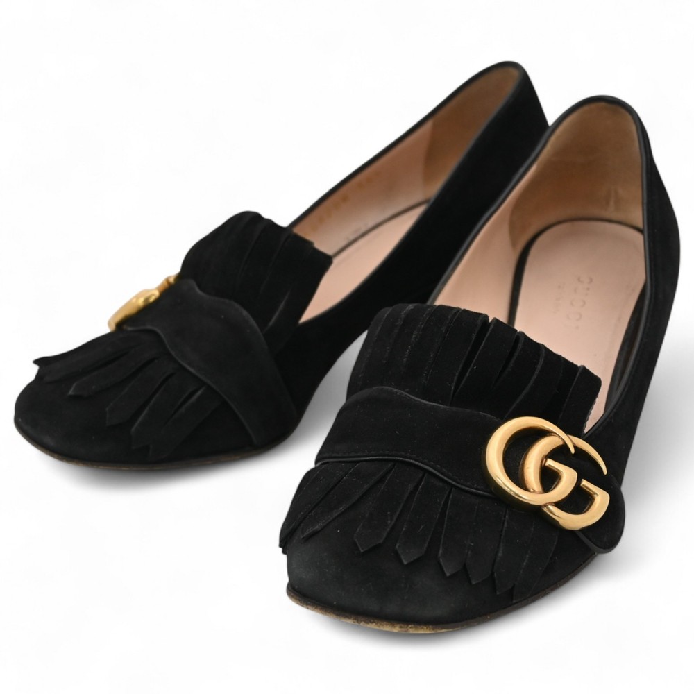 Gucci GG Marmont Black Suede Fringe Pumps Style gu3606nb