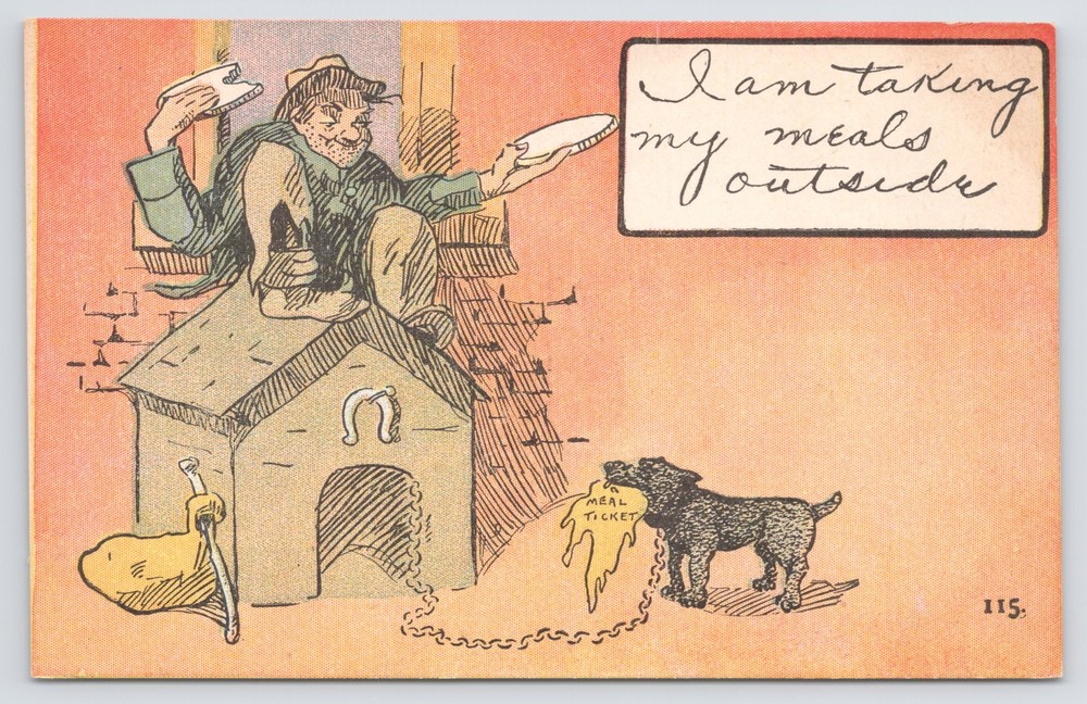 Comics~Beggar On Dog House & Dog With Meal Ticket~Vintage Postcard