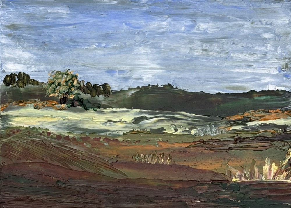 ACEO Original Oil Painting, Landscape Abstract Art, ATC, Handmade, Sky Forest-image