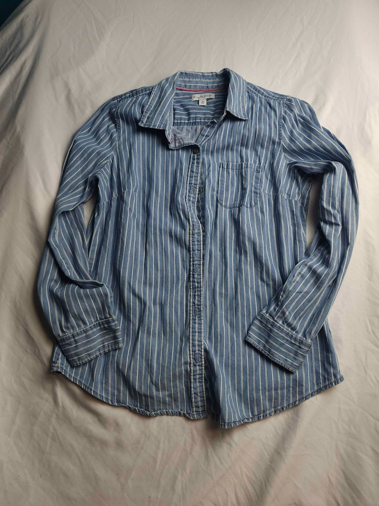 Kim Rogers Button Up Womens M Blue White Striped Coastal Chic Cotton Long Sleeve