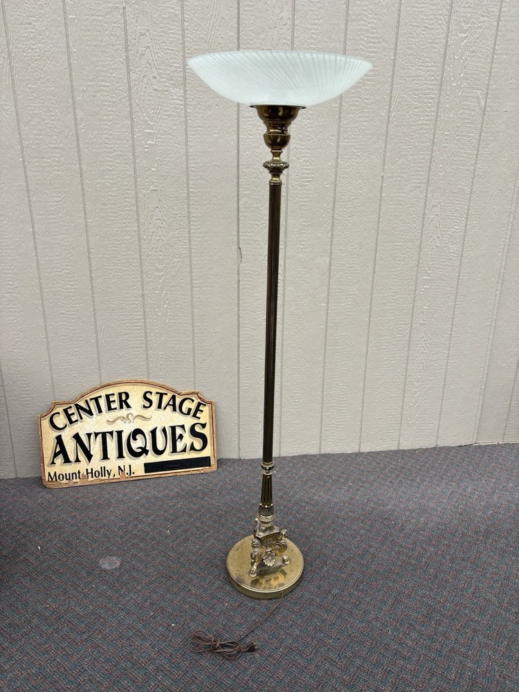 67631 Vintage Brass Torchiere Floor Lamp with Frosted Glass Shade