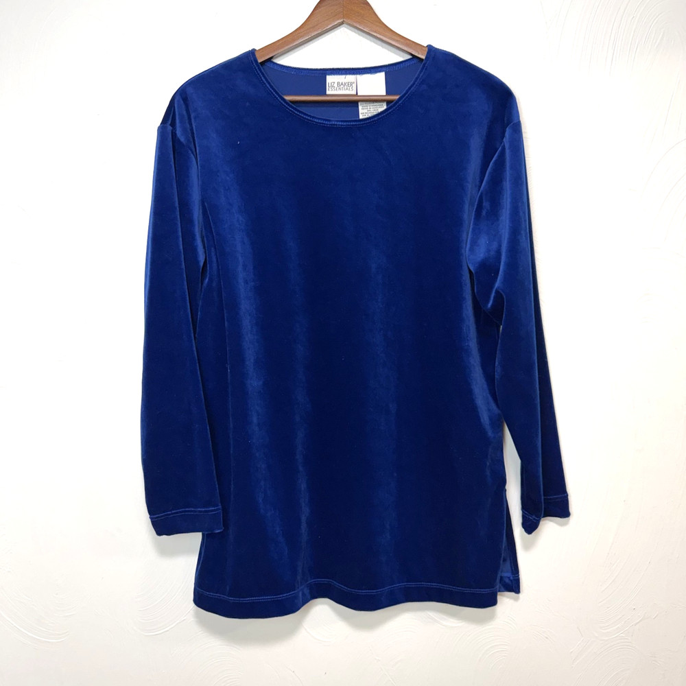 Vintage Liz Baker Essentials Women's Blue Velvet Long Sleeve Shirt Top Sz Medium