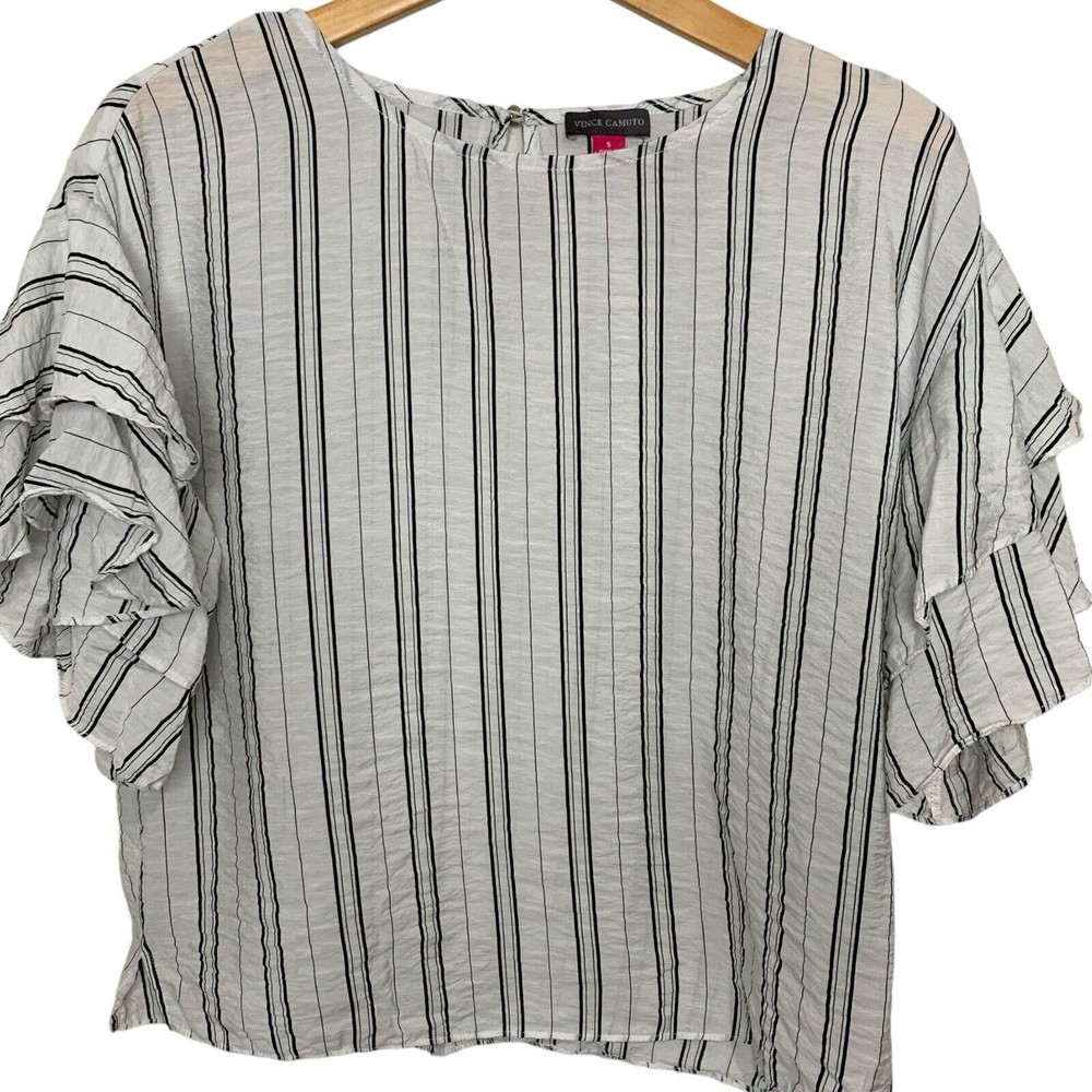 Vince Camuto Top Women's Size Small Cropped Ruffle Tiered Sleeve Twee Striped