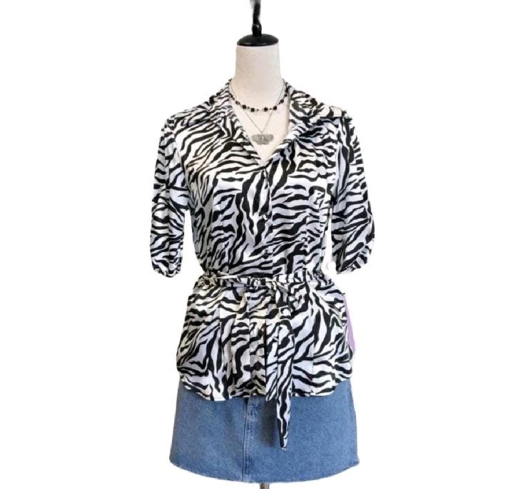 Y2K Zebra Print Tie Waist Blouse Womens Large Black White Indie Retro Top
