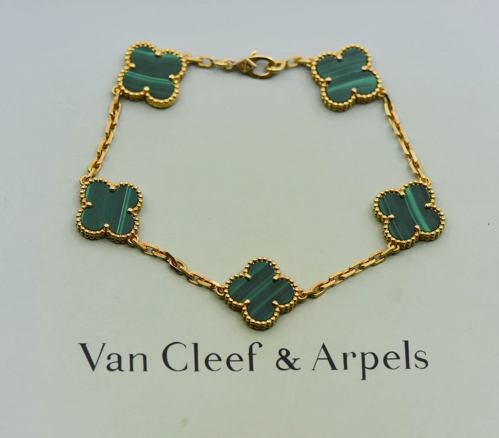 Van Cleef & Arpels Vintage Alhambra Malachite 18K Yellow Gold Bracelet
