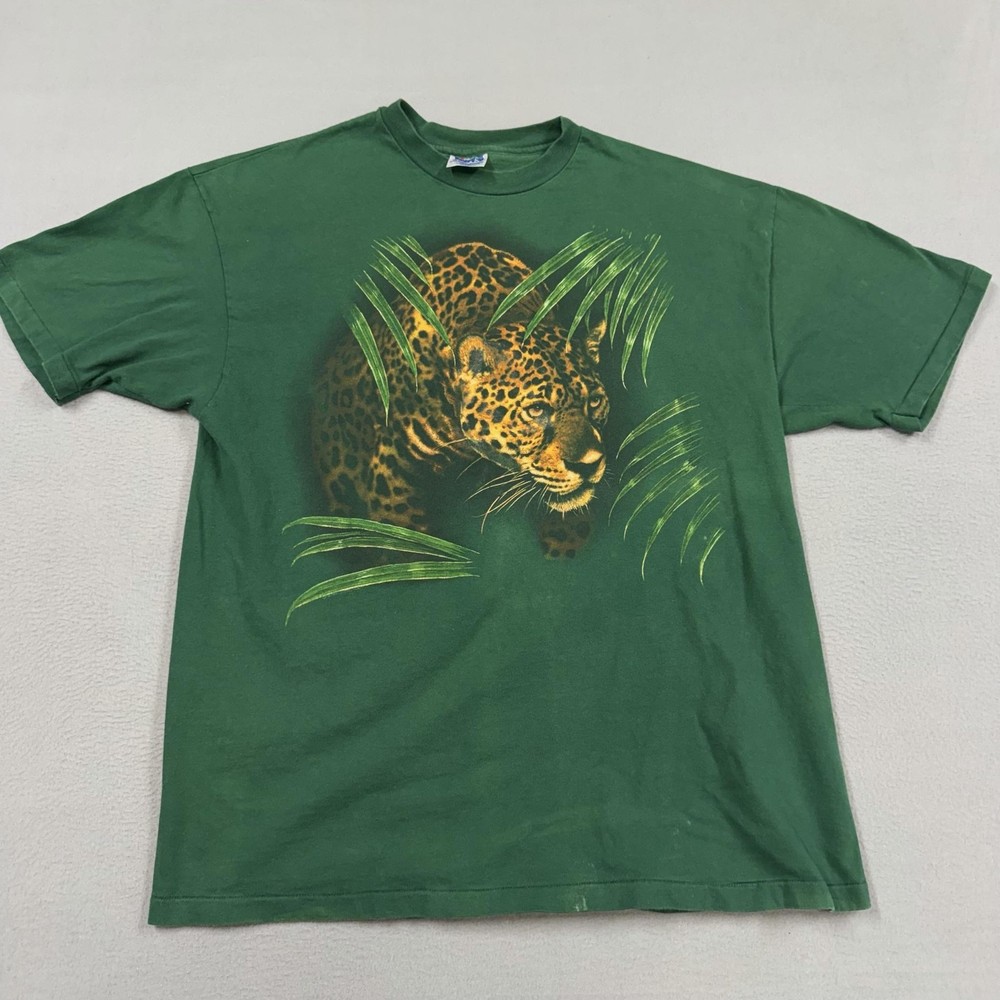 Vintage Hanes Shirt Mens XL Green Leopard Jungle Wildlife Graphic Tee 90s