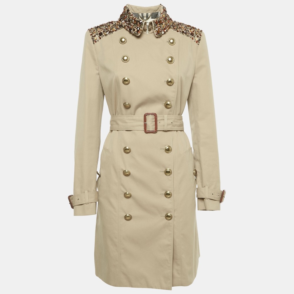 Burberry Prorsum Beige Embellished Cotton Gabardine Trench Coat Size M