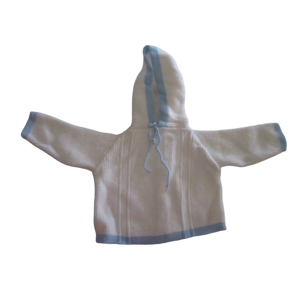 VTG FRIEMANIT Baby Boys White Hoodie Zip Back Sweater w/ Blue Trim