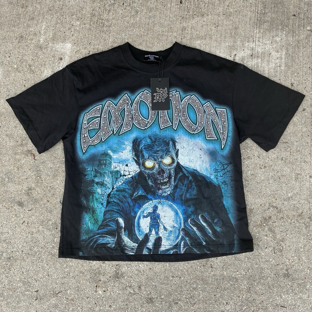 Mixed Emotion Horror Graphic Rhinestone T-Shirt Men's XL Black Cotton
