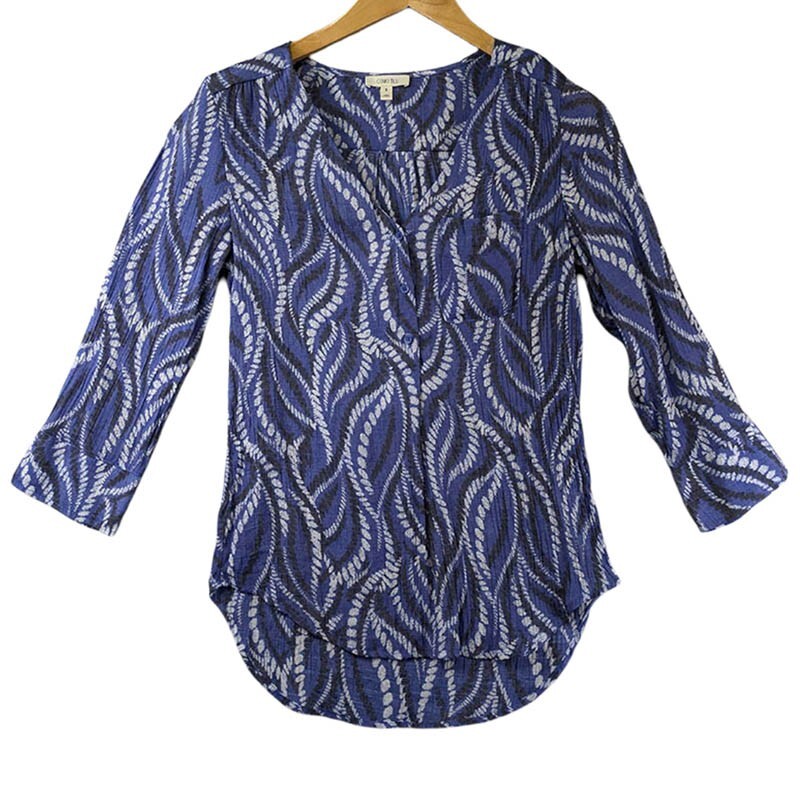 Como Blu Tunic Womens Small Blue White Abstract Print 3/4 Sleeve Boho Feminine