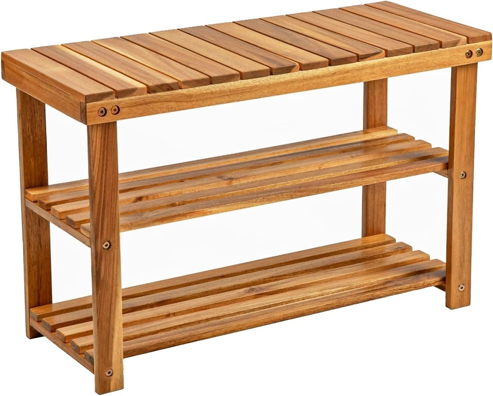 Acacia Wood 3-Tier Shoe Rack Bench with Sturdy Storage-image
