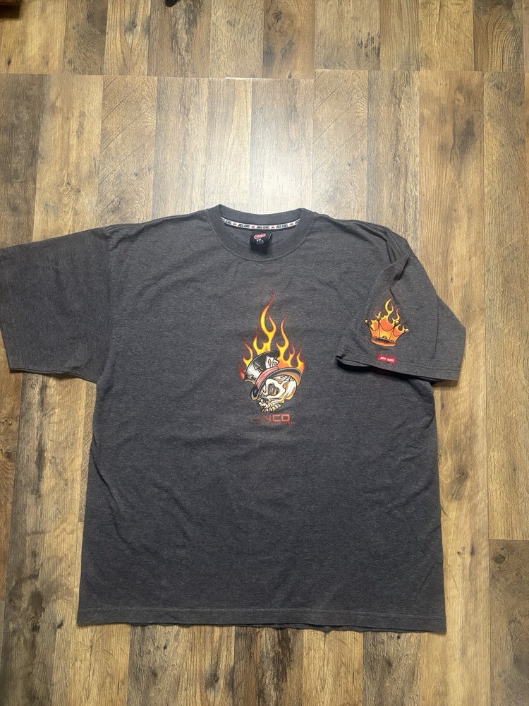Vintage Y2K JNCO Jeans Flaming Skull Cards Grey Shirt Size XXL Made in USA