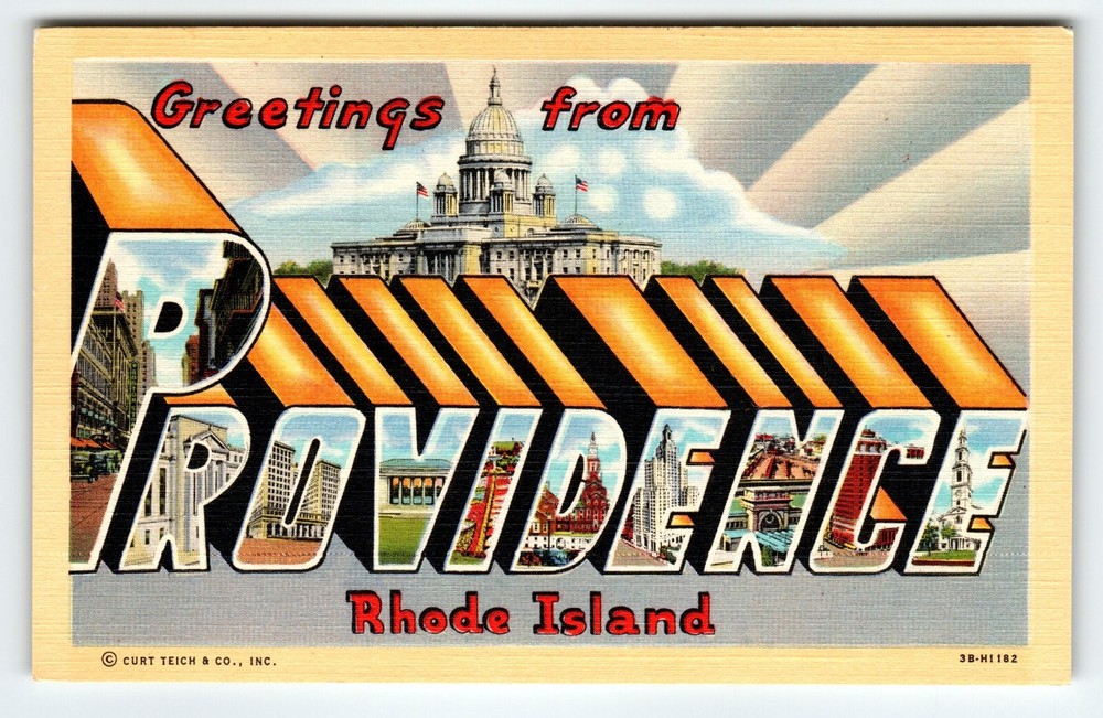 Greetings From Providence Rhode Island Large Letter Postcard Linen Curt Teich