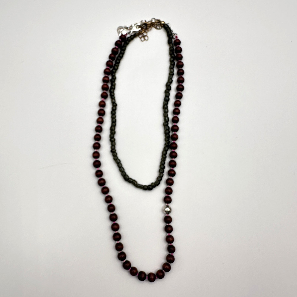 Vintage 90s Brown Wood & Glass Bead Necklace Set Boho Earthy Fashion Jewelry