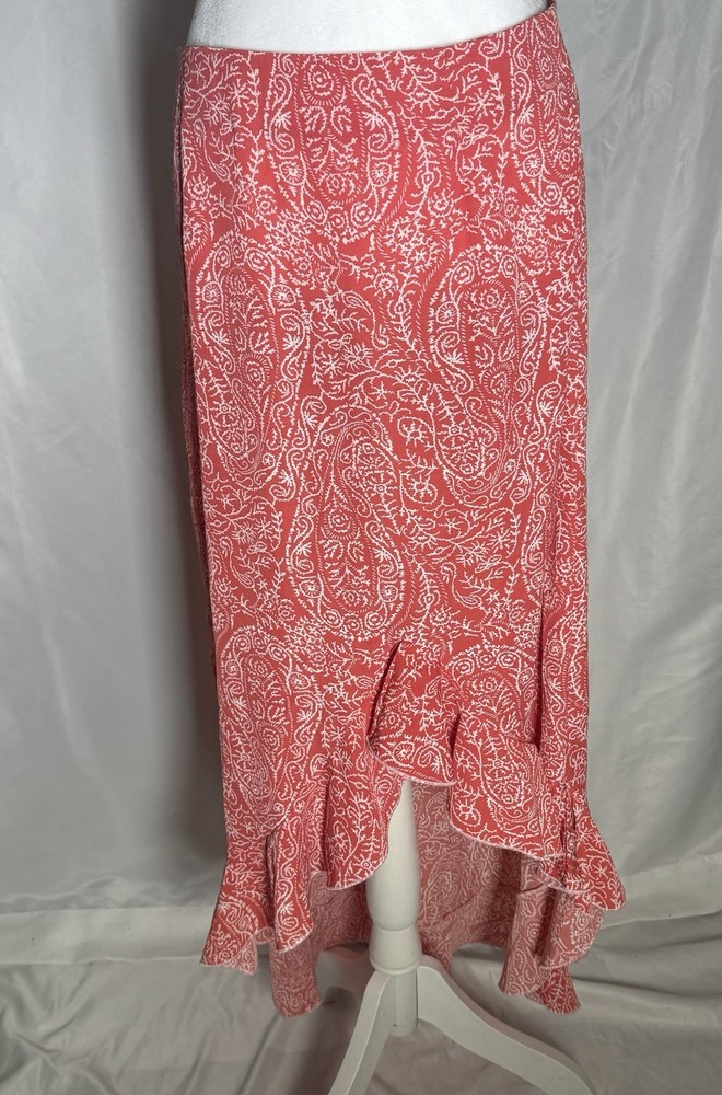 Red Paisley Ruffle Hem Midi Skirt Size Large