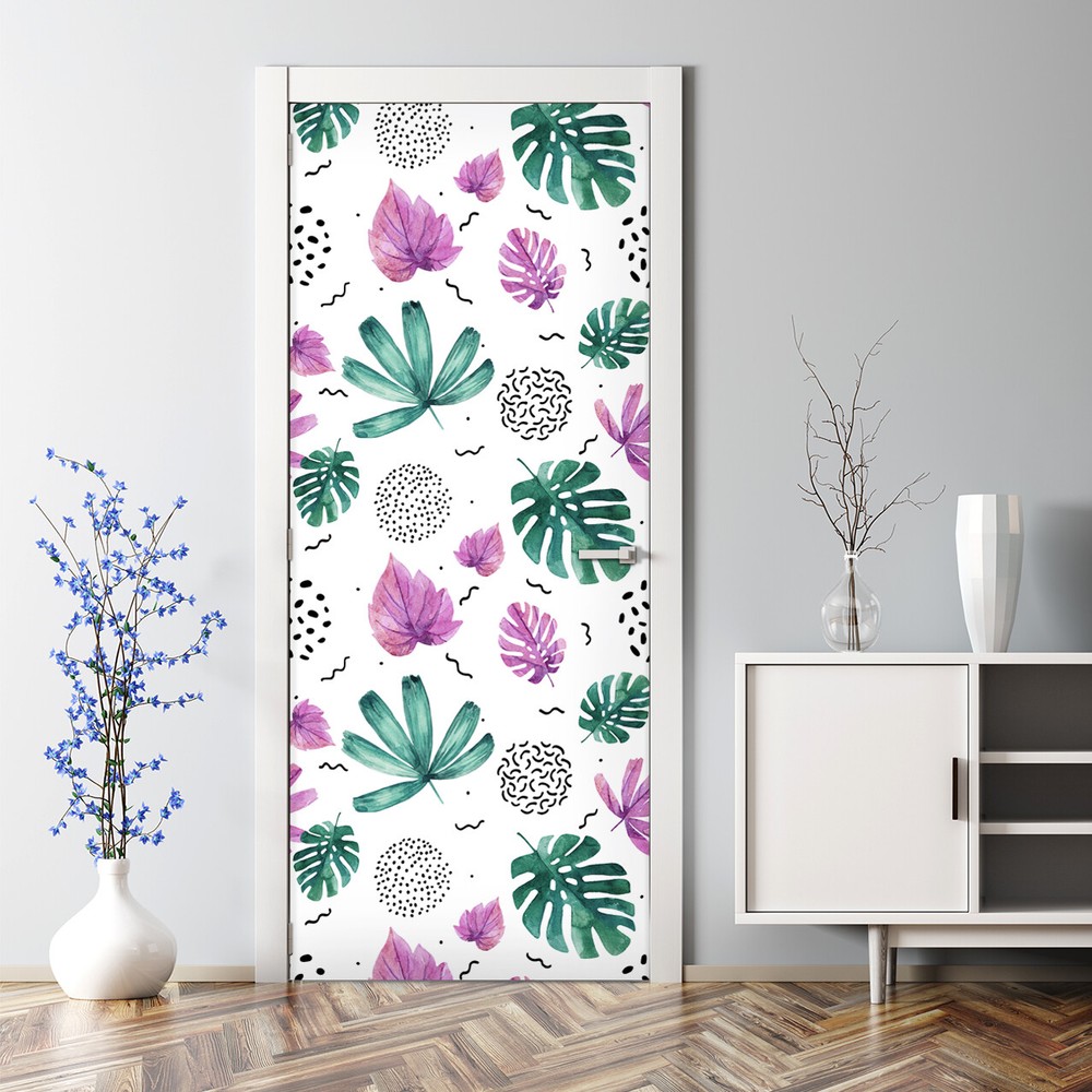 Adhesive Door sticker Tropical Abstraction Watercolour leaves and black pattern