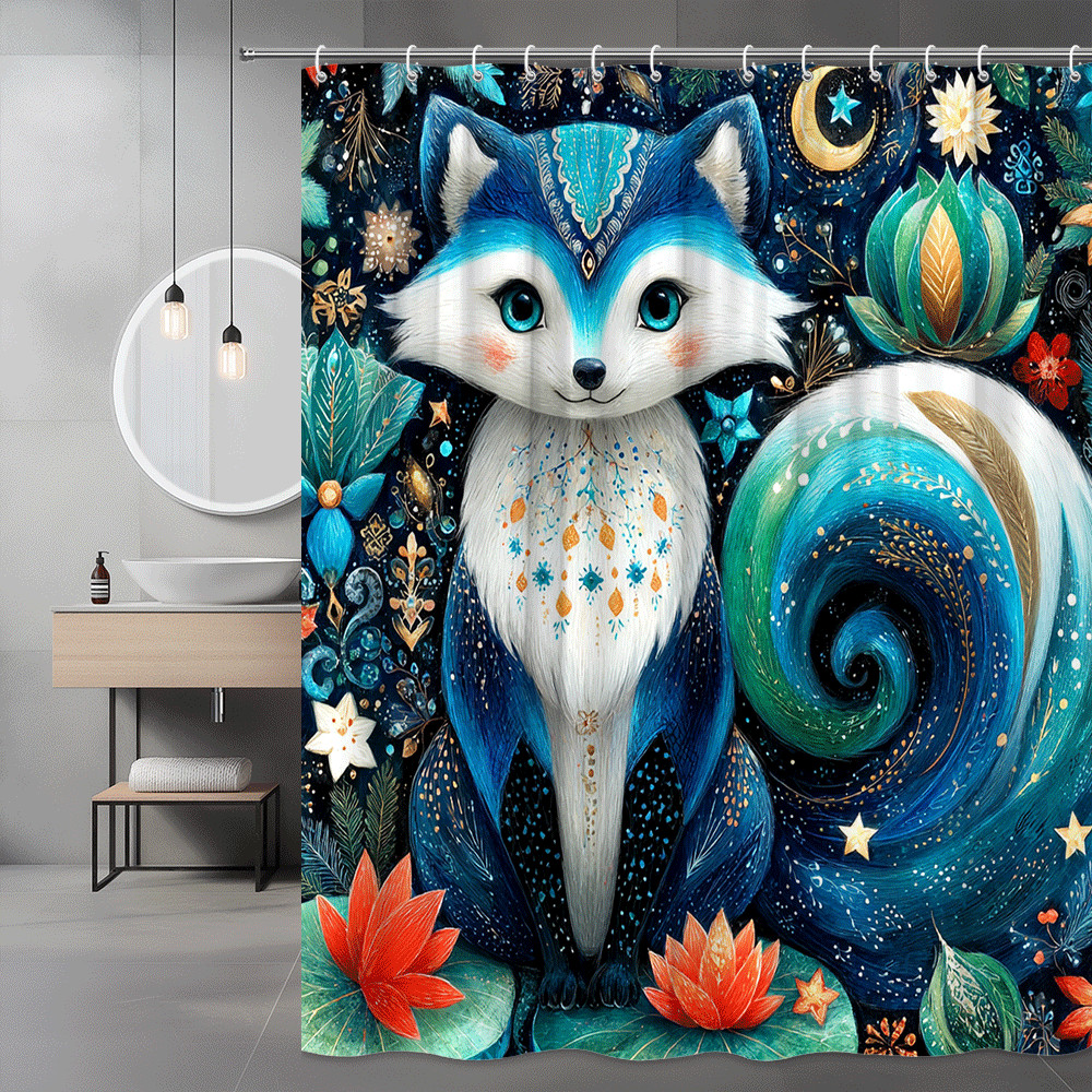 Fox Floral Night Sky Shower Curtain, Blue Green Woodland Print