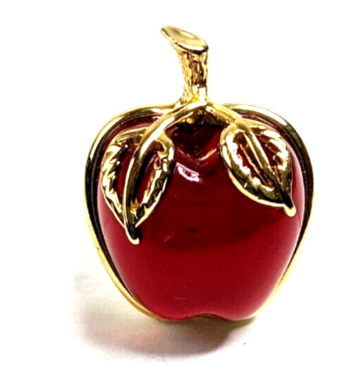 Vintage Anne Klein Gold Tone Lucite Red Jelly  Belly Apple Pin Brooch Signed AK