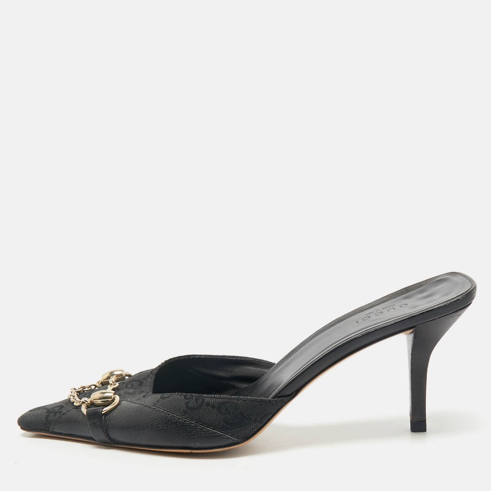 Gucci Vintage Horsebit Mules in Black GG Canvas & Leather Size 39