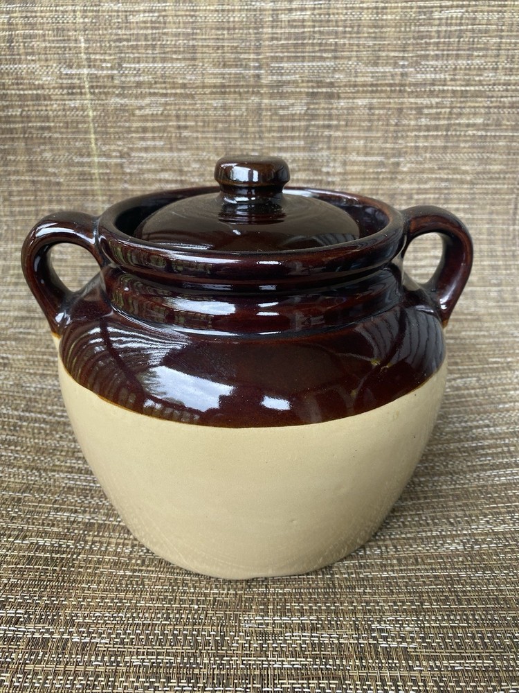 Vintage Monmouth Handled Stoneware Bean Pot Crock Oven Proof USA 6”Tall With Lid