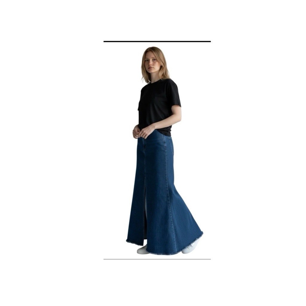 Denim Maxi Skirt Frayed Hem Dark Blue M Mermaid Style Y2K