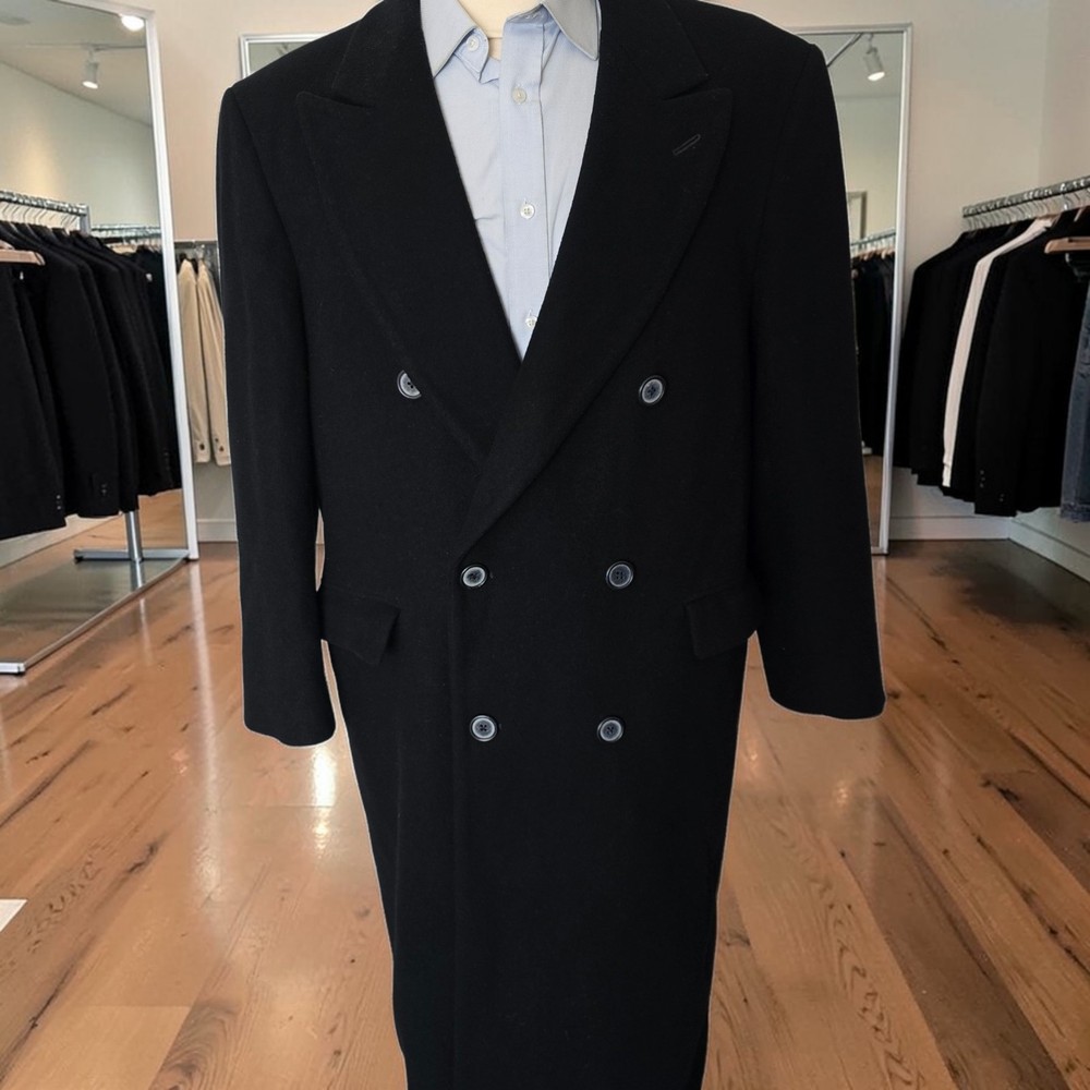 Vintage Double Breasted Peak Lapel Overcoat 42r Black Flannel Wool Nordstrom