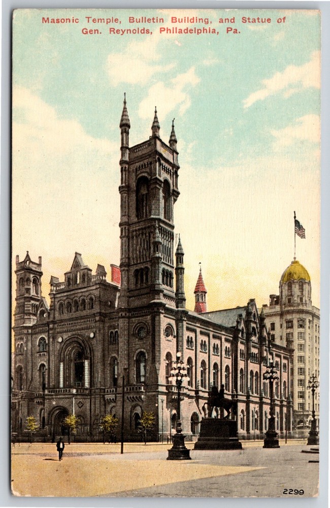 Philadelphia PA~Masonic Temple~Bulletin Bldg & Statue Of Gen Reynolds~Vintage PC