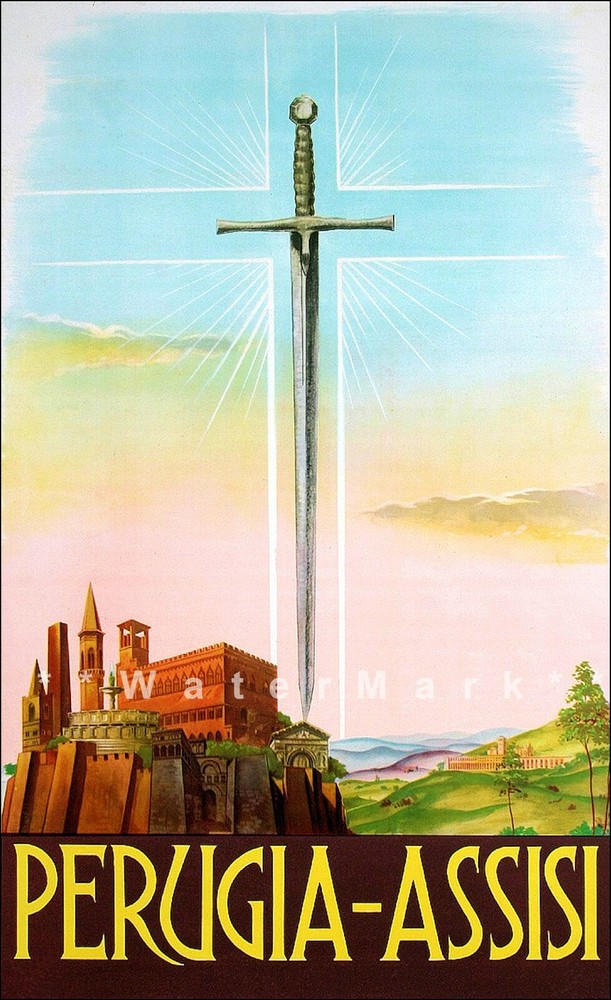 Vintage 1947 Perugia Assisi Italy Travel Poster Restored Retro Wall Art