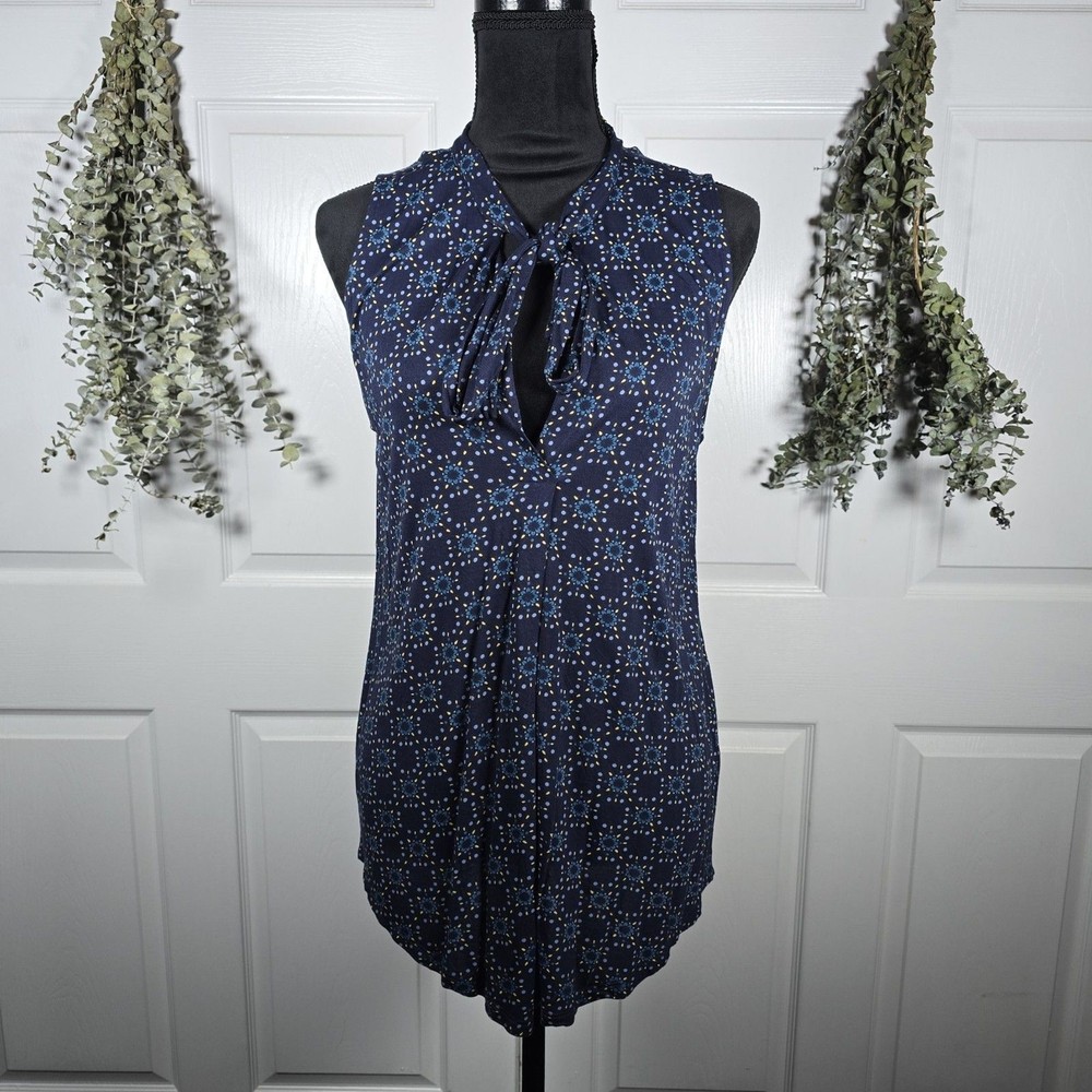 LOFT Blue Patterned Sleeveless Keyhole Neck Tie Flowy Blouse Large