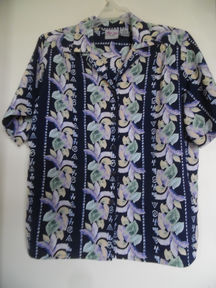 TanJay Womens Blouse Size 12 Multicolor Floral Top Short Sleeve Button Front