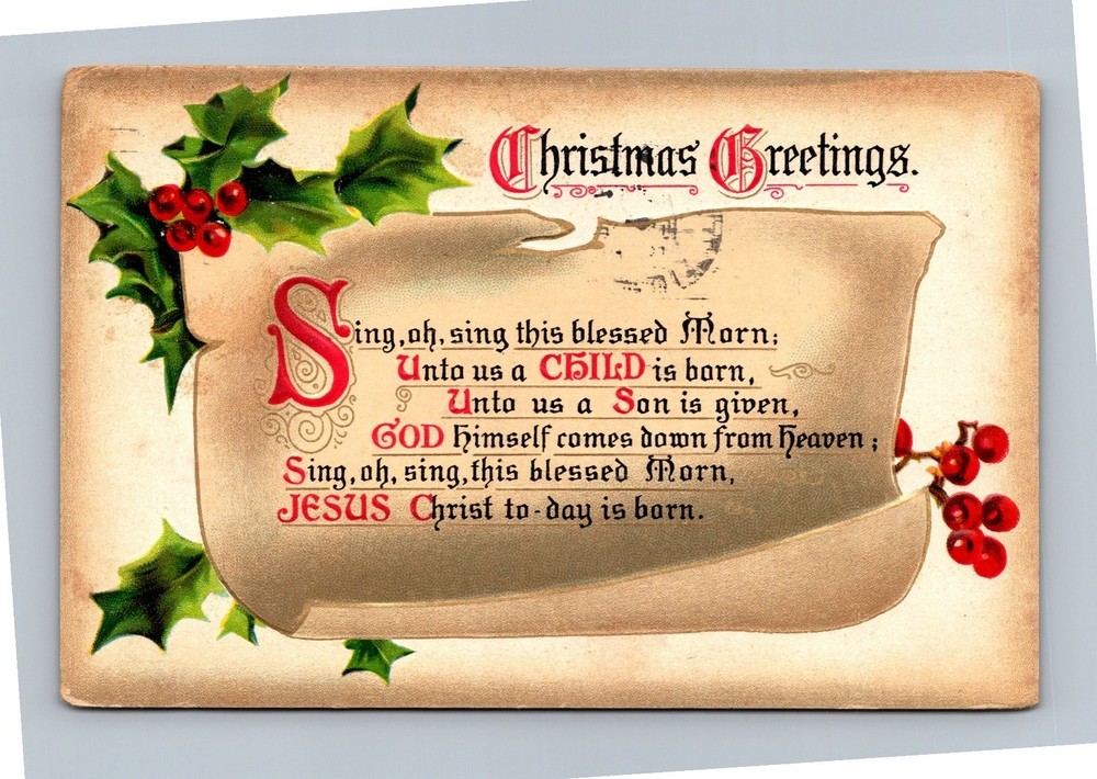 1913 Christmas Greetings Postcard Tuck's Holly Berries Poem Vintage