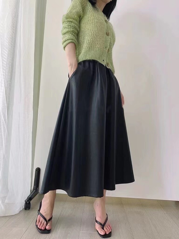 Womens A Line Real Leather Sheepskin Skirts Long Ladies Autumn Winter High Waist
