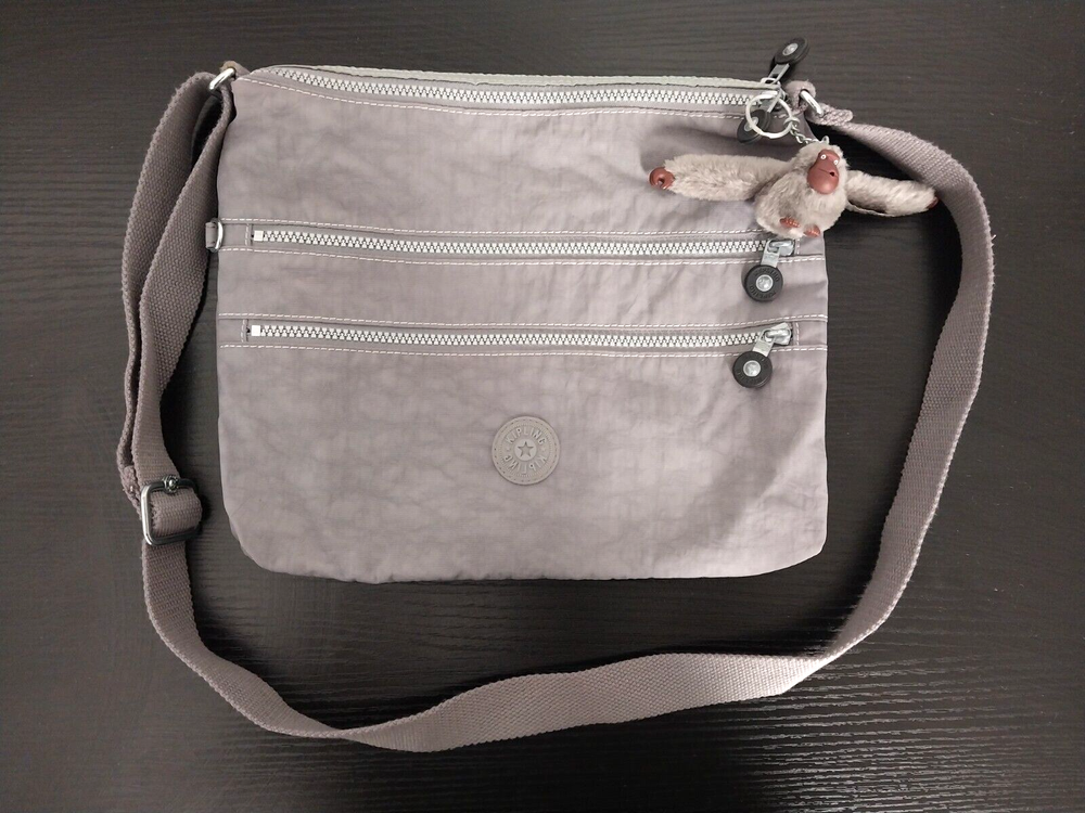 Kipling Women's Tote Zip Bag Crossbody Slate Gray w/ Monkey doll Key Chain