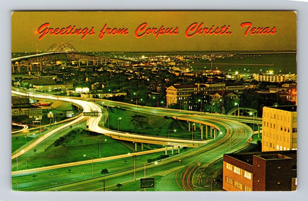 Corpus Christi TX-Texas Aerial General Greetings Night Scene Vintage Postcard