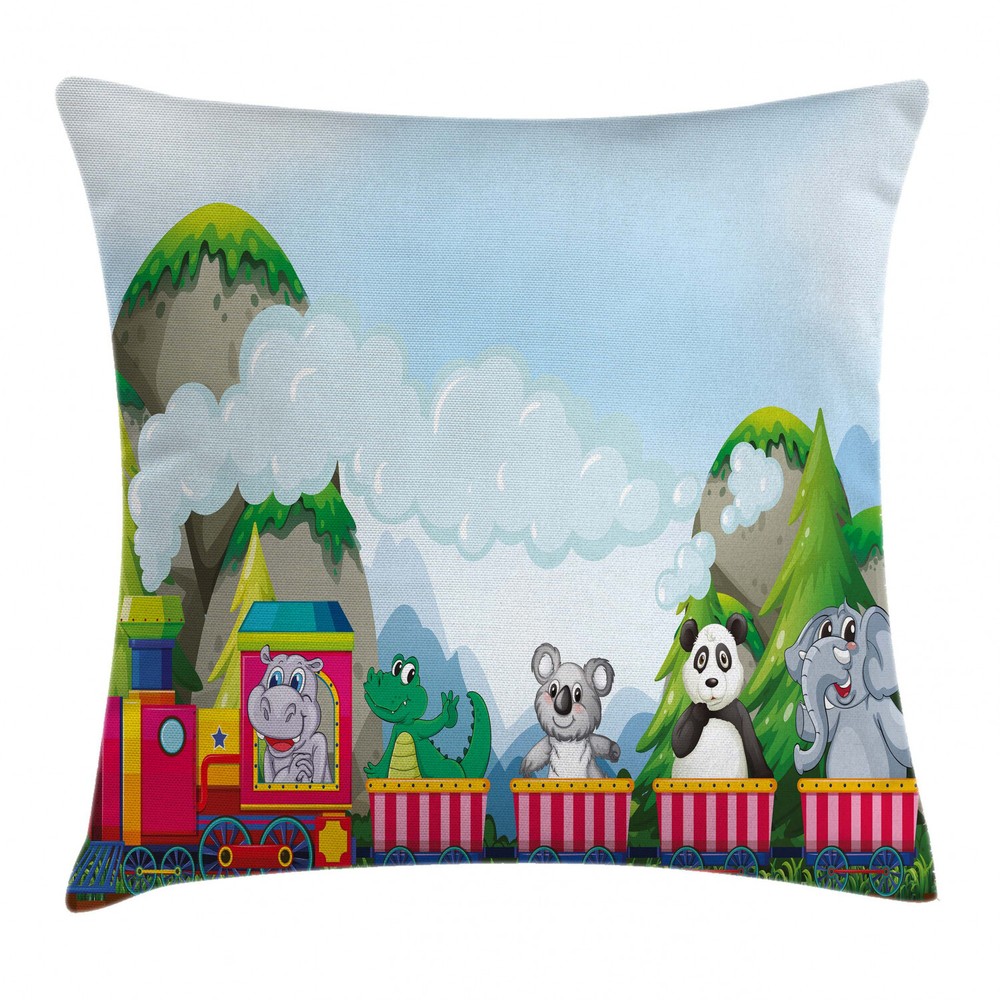 16-inch Kids Square Throw Pillow Case with Cartoon Animals on Train Design