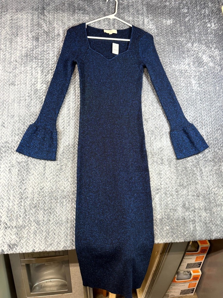 LOFT Sweater Dress Womens Small Blue Shimmer Ribbed Knit Bell Sleeve V Neck