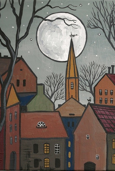4x6 Ryta House Folk Art Print Black Cat Trees Houses Halloween Moon Painting