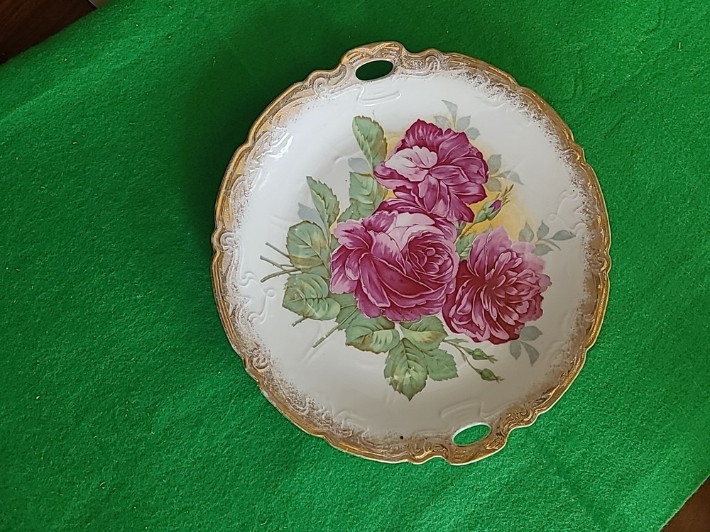 Vintage Unmarked Pink Roses Cake Plate Gold Trim And Handles