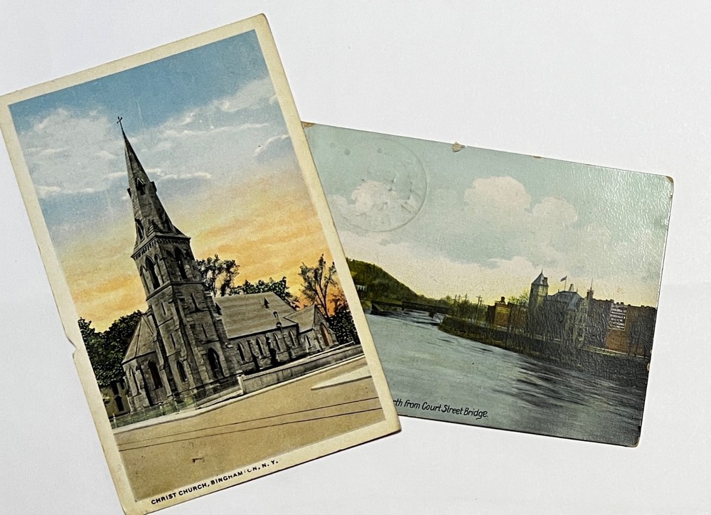 Lot of 2 Binghamton, NY postcards: 1916 Christ Church, 1909 Chenango River