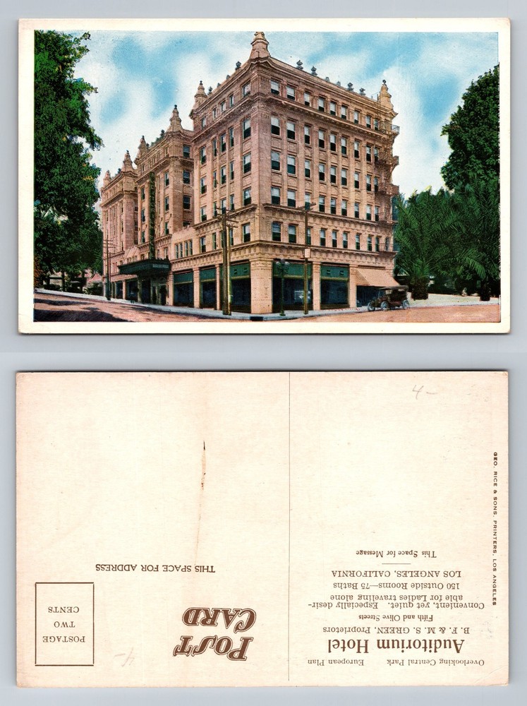 Los Angeles, CA-California, Auditorium Hotel Corner View Park Vintage Postcard