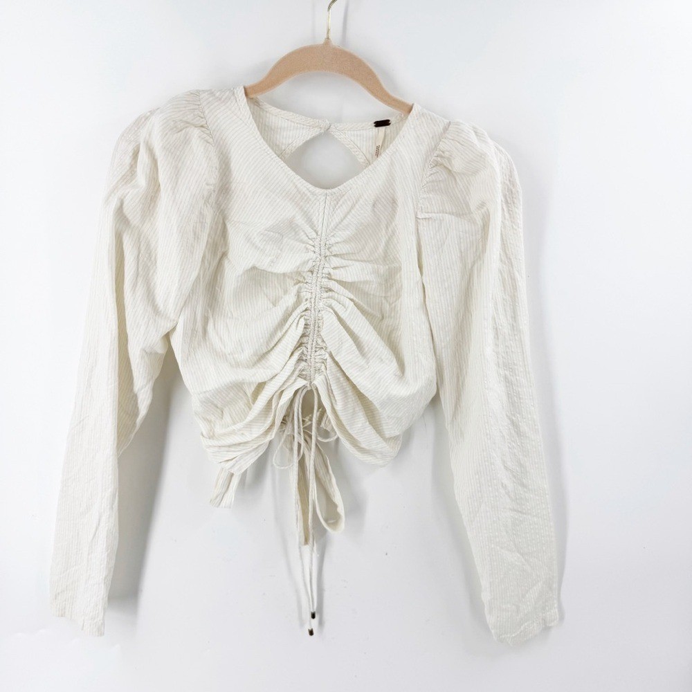 ✅ Free People Long Sleeve Crop Top Cinch Front Waist Tie Size SMALL CREAM