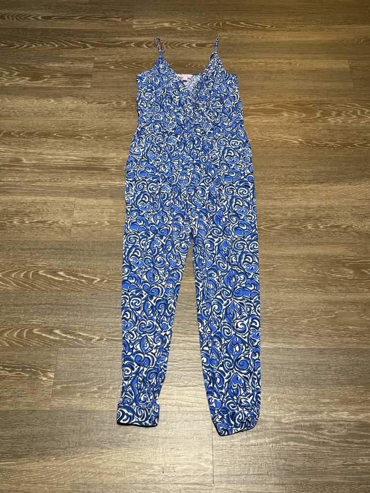Lilly Pulitzer Melba Jumpsuit Chasing Tail Indigo Blue Fish Print Small