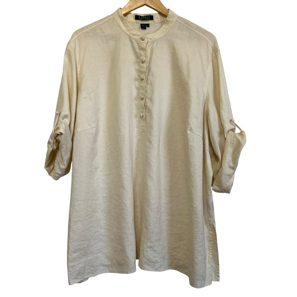 LAUREN RALPH LAUREN Linen Tunic Top Roll Tab Band Collar Asian-Inspired Cream 3X