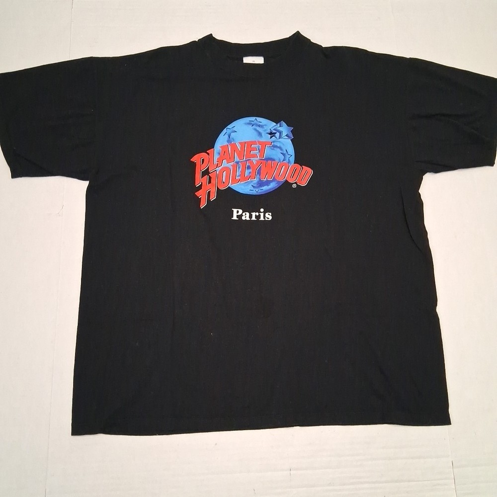Vintage 90's Planet Hollywood Paris T-shirt Men's X-Large XL Black Logo Spellout