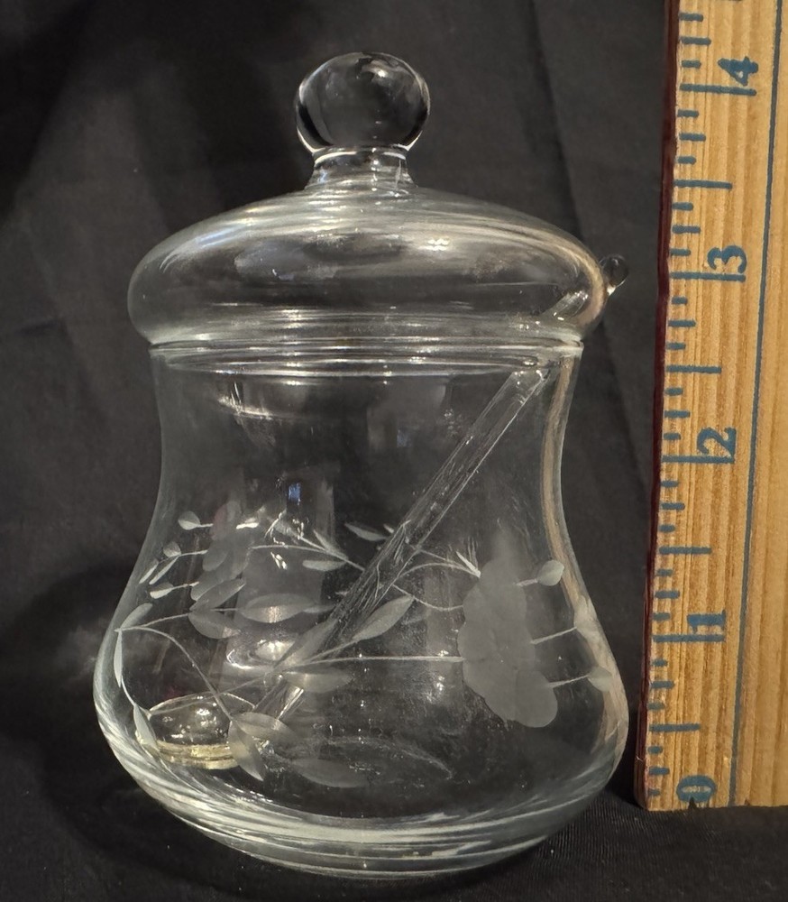Vtg Princess House Crystal Heritage Etched Condiment Jelly Jar With Lid & Spoon