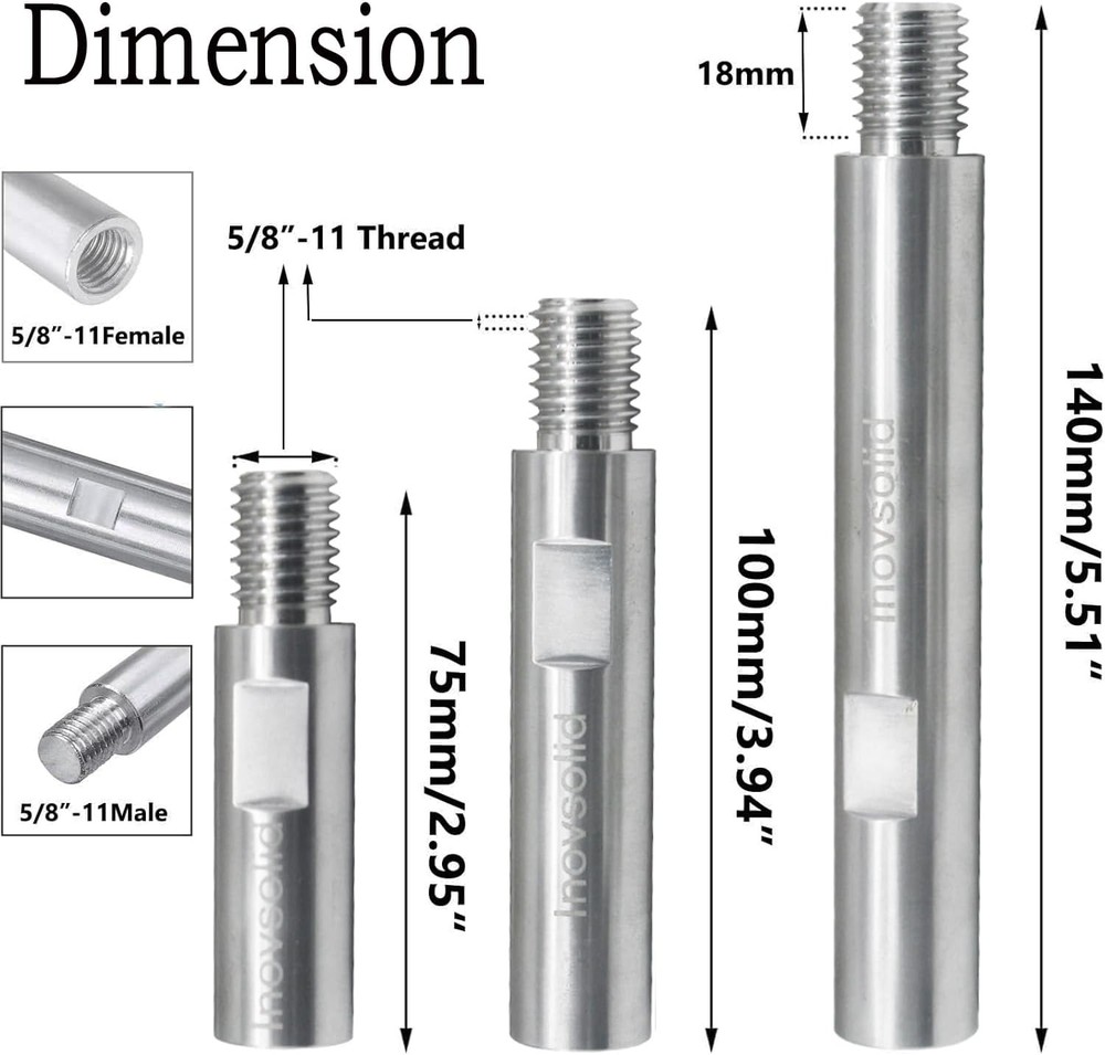 3 Pcs 5/8'' -11 Thread Angle Grinder Shaft Extension Connecting Rods