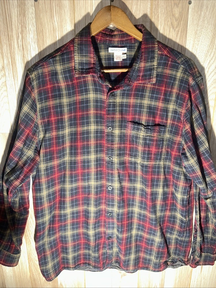 Carbon 2 Cobalt Men’s Large Red Green Plaid Long Sleeve Button Up Flannel