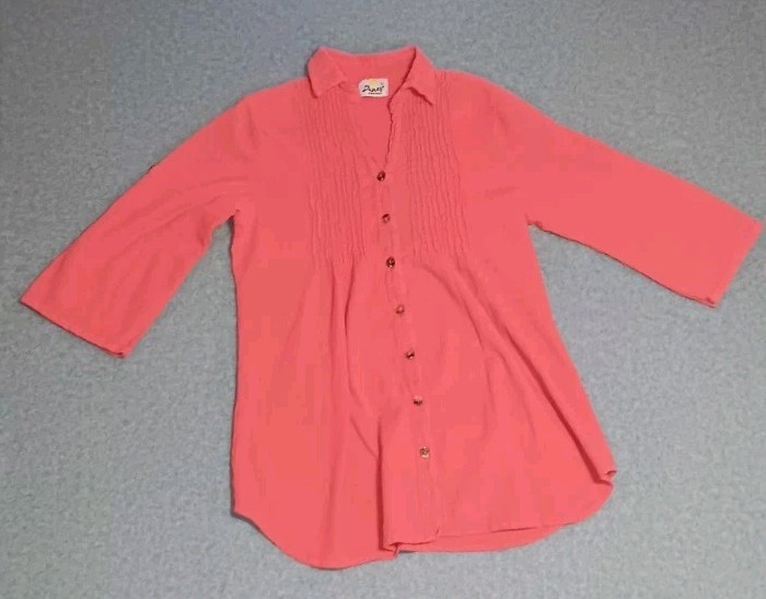Dunes 3/4 Sleeve Button Up Tunic Blouse Womens Size Large Pink Textured 100%...