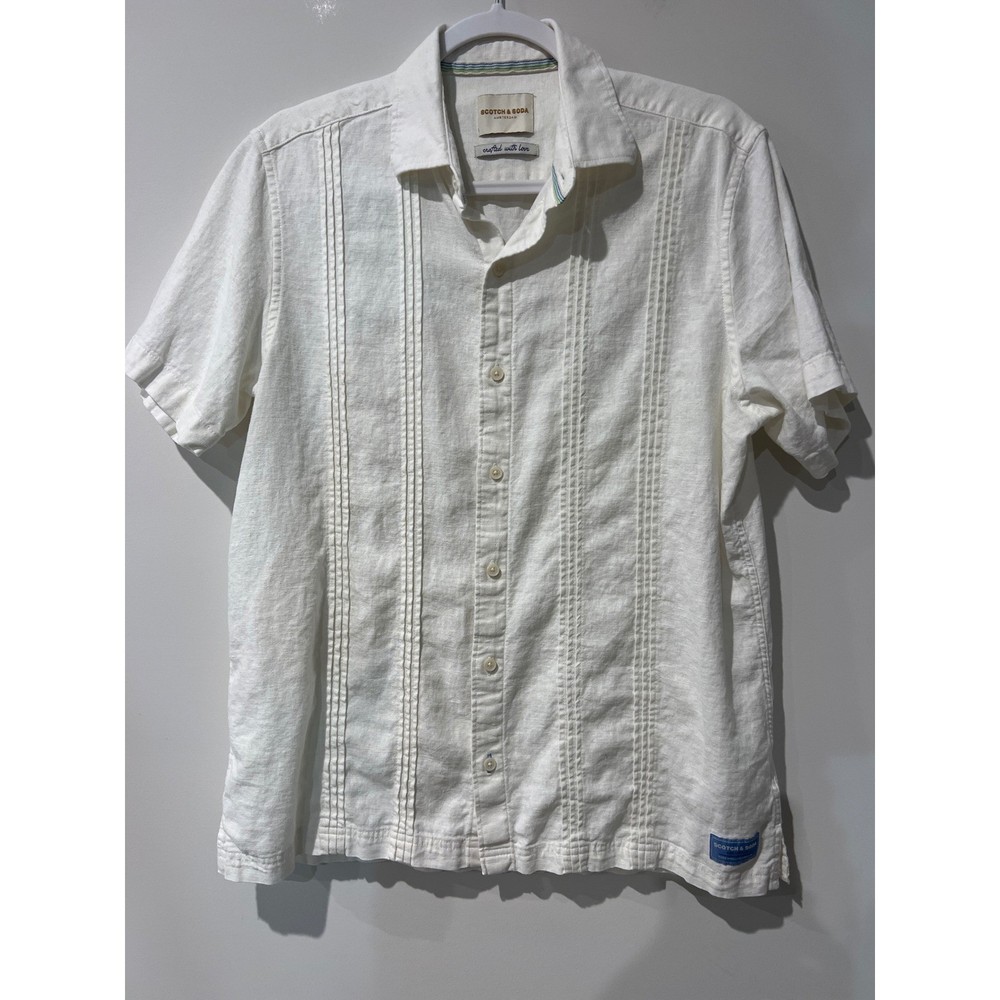Scotch & Soda Mens Off White Linen Blend Pintuck Guayabera Short Sleeve Shirt M
