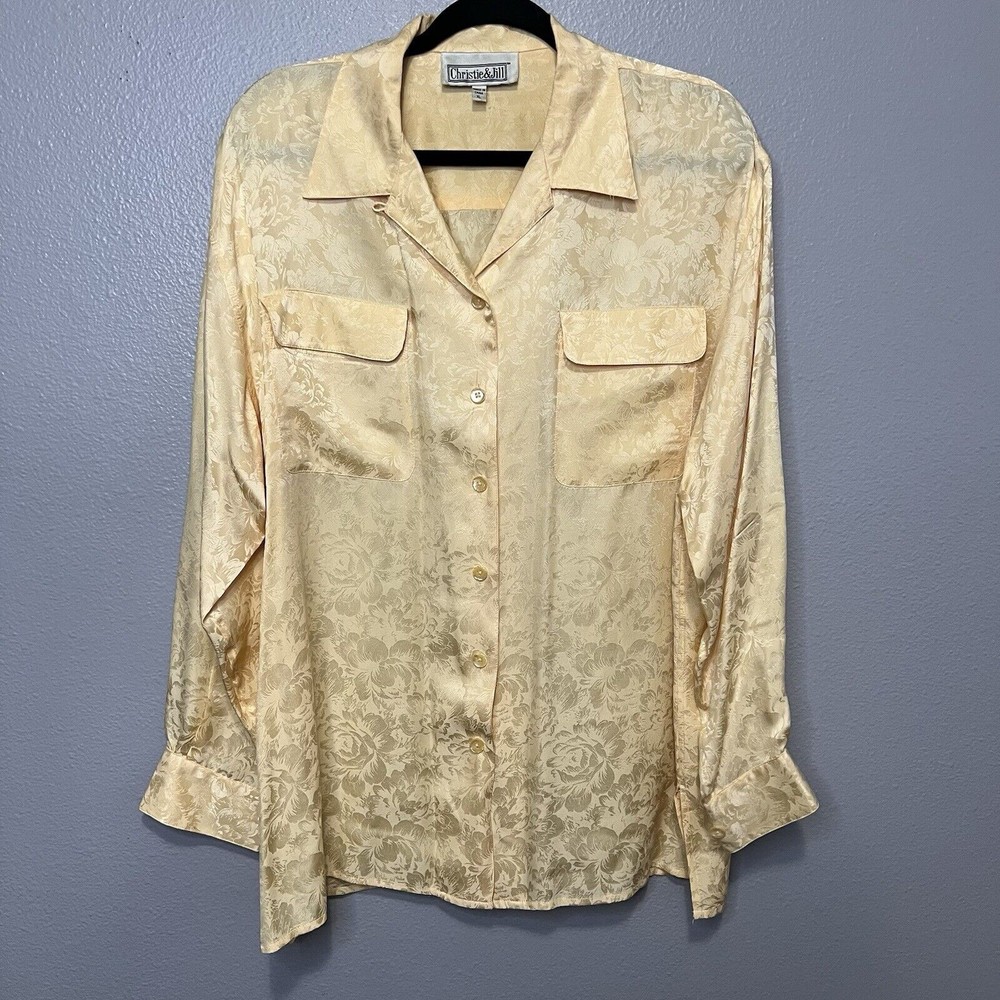 Vintage Christie & Jill Silk Button Up Blouse Women's XL Ivory Luxury Elegant